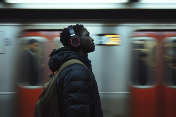 African American man in headphones listening to music walking by subway station. Generative AI. - obrazy, fototapety, plakaty