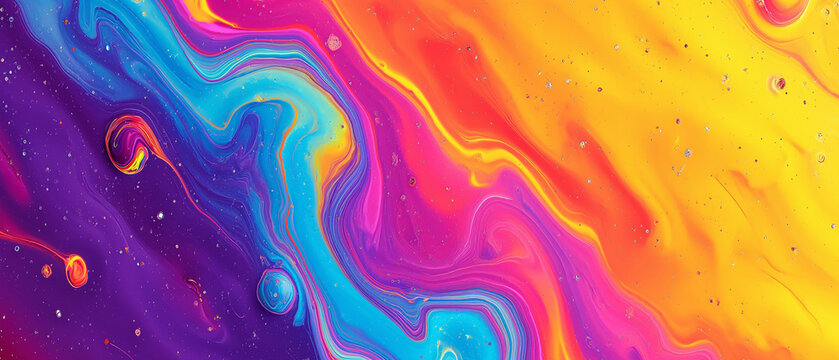 Panoramic abstract liquid colorful paints wallpaper background. Generative AI.