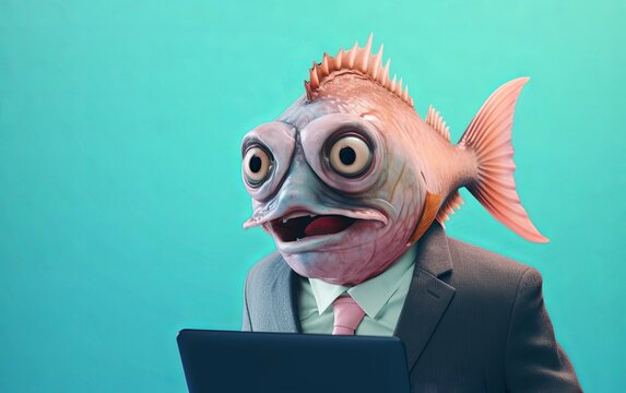 Fish in suit holding a laptop while working on bright pastel background. advertisement. presentation. commercial. editorial. copy text space.