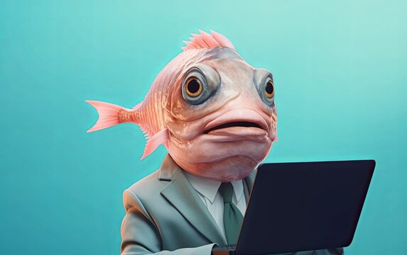 Fish in suit holding a laptop while working on bright pastel background. advertisement. presentation. commercial. editorial. copy text space.