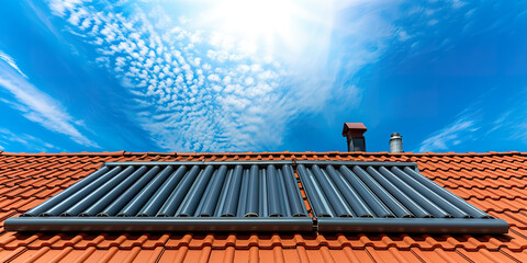 Solar water heater boiler on roof top blue sky