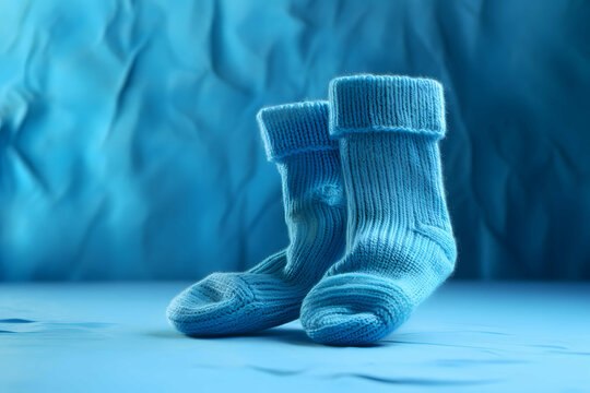 Generative AI : Blue baby socks on a textured rustic background with copy space.
