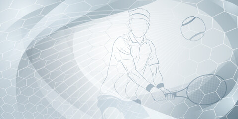 Tennis themed background in gray tones with abstract meshes, curves and lines, with a male tennis player in action, holding a racket to hit the ball away