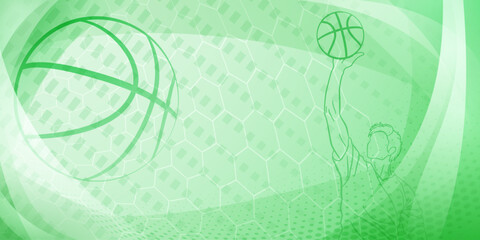 Basketball themed background in green tones with abstract meshes, curves and dots, with a male basketball player and ball