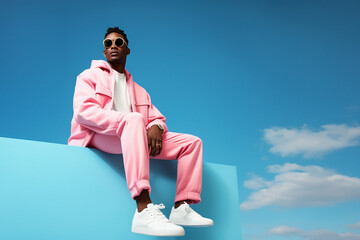 Cool young black man in pink attire posing sitting at a blue block under the blue sky. Generative AI