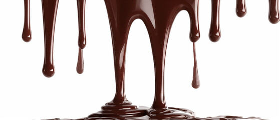 Thick chocolate syrup dripping over white background. Panoramic view. Generative AI.