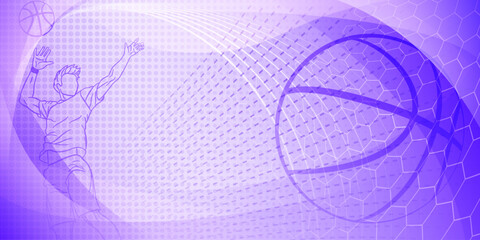 Basketball themed background in purple tones with abstract lines, meshes and dots, with a male basketball player and ball