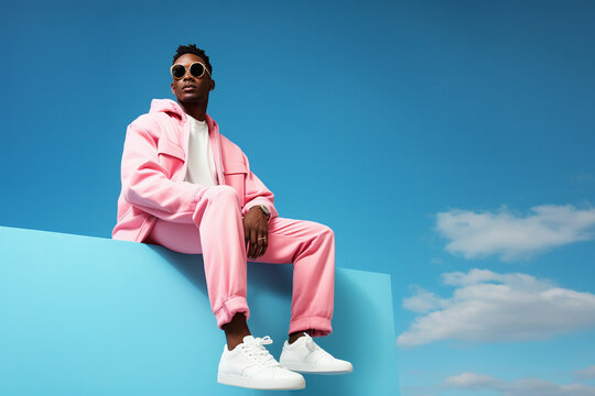 Cool young black man in pink attire posing sitting at a blue block under the blue sky. Generative AI