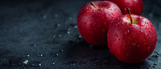 Wide angle. Three juicy red apples with water droplets on black background. Generative AI.