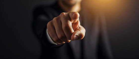 Partial view of a businessman pointing directly at the camera on black background. Generative AI.