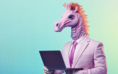 Seahorse in suit holding a laptop while working on bright pastel background. advertisement. presentation. commercial. editorial. copy text space.