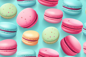 Fototapeta premium Cartoon style assorted colorful macaroons floating on a pastel blue background. Generative AI.