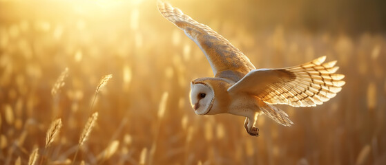 Wide angle of a majestic barn owl in flight over a wheat field at sunset. Generative AI.