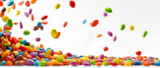 Assorted colorful candies falling with motion blur against white background. Generative AI.