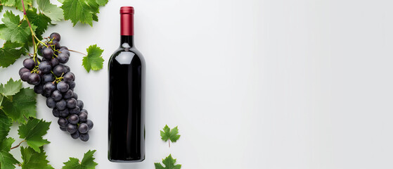 Wine bottle, fresh grapes and green leaves scattered on white background. Generative AI