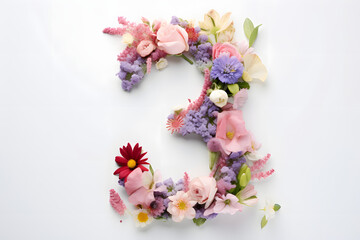 Number three surrounded by different spring flowers on blue background. Nature concept.