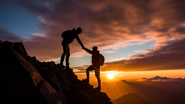 Silhouette of Two Climbers Helping Each Other on Mountain Summit at Sunrise. Teamwork and Adventure Concept
