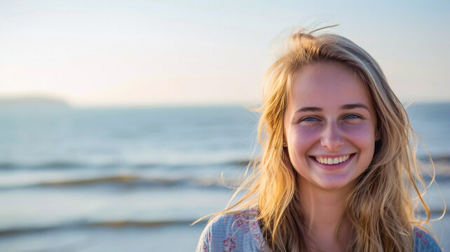 Head and sholders of an attractive smiling young woman loving life smiling and having fun on the beach with the surf in the background having fun travel and vacation copyspace
