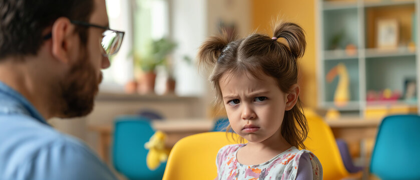 A grumpy little girl with arms crossed in bedroom upset with her father. Generative AI.