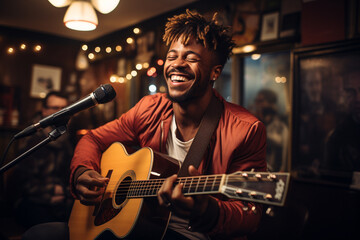 Portrait. Happy afro male guitarist performing live on stage at a bar pub. Generative AI. - obrazy, fototapety, plakaty