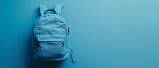 Panoramic top view of a blue backpack on blue background. Generative AI.