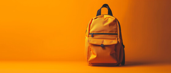 Panoramic view of a yellow backpack on yellow background. Generative AI.
