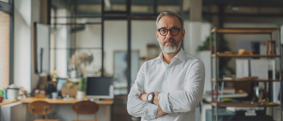 Fototapeta premium Confident mature male businessman standing with arms crossed in office. Generative AI.
