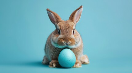 A cute easter bunny with an easter egg on a blue background with copy space, an abstract poster for sales and marketing