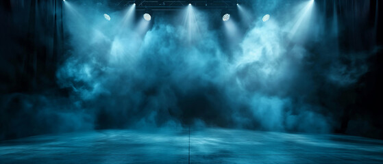 Empty stage with dramatic lighting, smoke and colored spotlight effects. Generative AI.