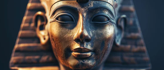 Foto op Canvas Closeup portrait of a majestic golden egyptian pharaoh statue on dark background. Generative AI. © Brastock Images / AI