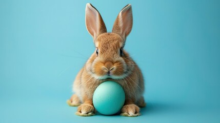 Fototapeta premium A cute easter bunny with an easter egg on a blue background with copy space, an abstract poster for sales and marketing
