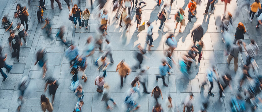 Panoramic view. Blurred abstract image of a crowd of anonymous people walking on busy city street.