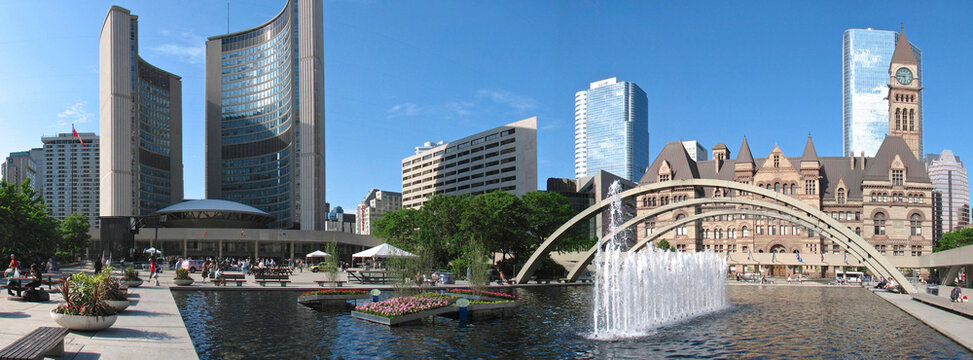 Panoramic view of Nathan Philips Square in Toronto, Canada.