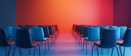 Colorful empty conference hall auditorium with colorful chairs. Gradient color walls. Generative AI