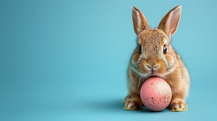 Fototapeta premium A cute easter bunny with an easter egg on a blue background with copy space, an abstract poster for sales and marketing