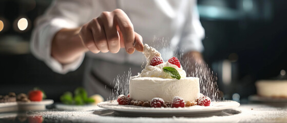 Close up. Hand of a pastry chef finishing the decoration of an appetizing cake. Generative AI.