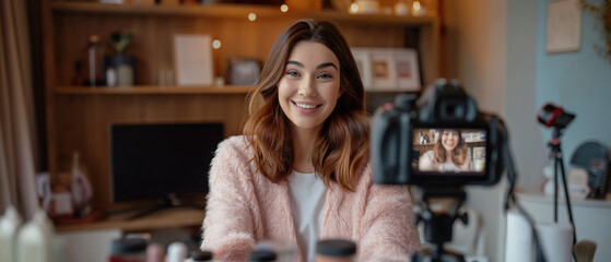 Young and beautiful woman streaming makeup tips live using a camera in her home. Generative AI.