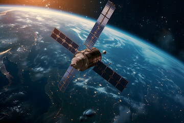 A space satellite orbiting earth Transmitting data signals - obrazy, fototapety, plakaty