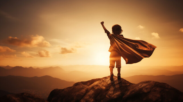 Child in Superhero Cape Standing on Mountain Peak at Sunset. Imagination and Adventure Concept