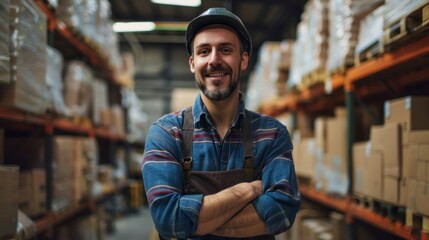 man with helmet looking at the camera working in a warehouse with boxes with good lighting in high resolution