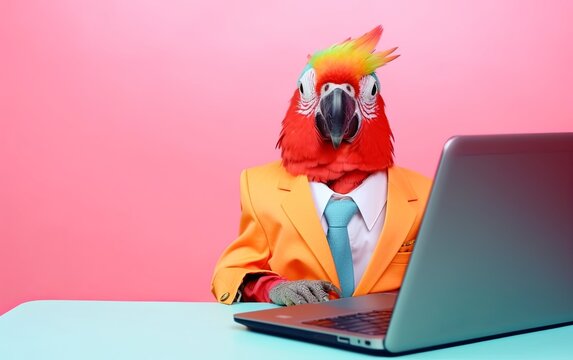 Parrot bird in suit using a laptop while working on bright pastel background. advertisement. presentation. commercial. editorial. copy text space.