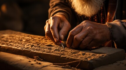 An old man with a white beard is working on a piece of wood with intricate carvings. He is using a sharp tool to carve the details. The scene has a warm and rustic atmosphere. - Powered by Adobe