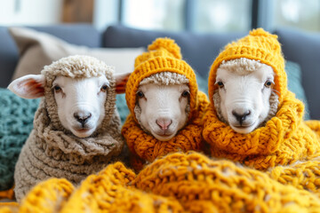 Owce ubrane w ciepłe szaliki i czapki - obrazy, fototapety, plakaty