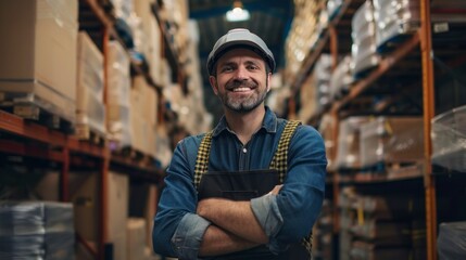 man with helmet looking at the camera working in a warehouse with boxes with good lighting in high resolution and high quality. concept work,wine house,man