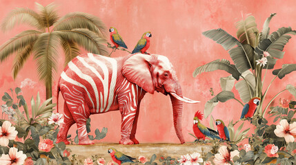 Kolorowa abstrakcyjna ilustracja, czerwony słoń w białe paski, papugi, palmy - obrazy, fototapety, plakaty