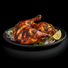 A hyper-realistic photograph of a complete smoky tandoori style chicken on a beautiful ceramic plate, solid stark black background, focused lighting.[A-0002]