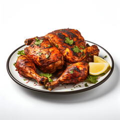 A hyper-realistic photograph of a complete smoky tandoori style chicken on a beautiful ceramic plate, solid stark white background, focused lighting.[A-0001]