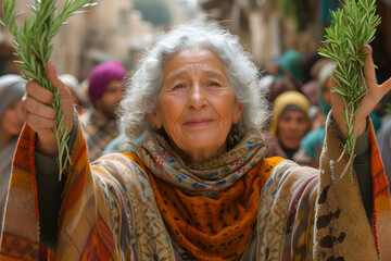 Faithful believers in the celebration of Palm Sunday in Holy Week, Elderly woman carrying branches...