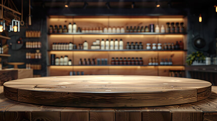 wooden podium table against the background of cosmetic products, for product presentation