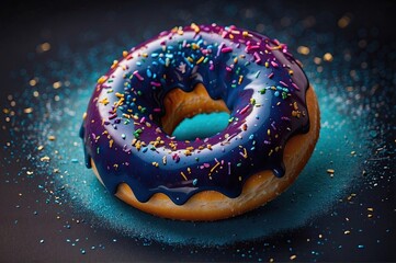 Blueberry flavored doughnut with colorful sprinkles on top, in dark background
